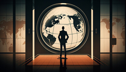 businessman standing in front of a globe, Generative AI