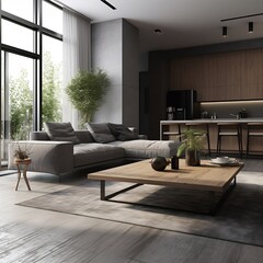 Interior design of modern apartment, living room with sofa and coffee tables 3d rendering
Interior design of modern apartment, living room with sofa and coffee tables. Create using generative AI.
