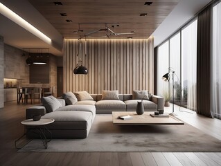 Interior design of modern apartment, living room with sofa and coffee tables. crate usig generative AI
