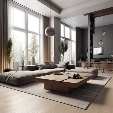 Interior design of modern apartment, living room with sofa and coffee tables. crate usig generative AI