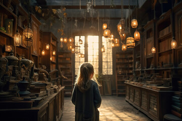 Fototapeta premium Back view of little girl in old magical library or vintage bookstore. Generative AI