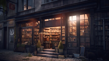 Cozy magical vintage european bookstore exterior. Generative AI - obrazy, fototapety, plakaty