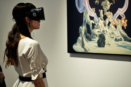 Woman wearing elegant dress and VR goggles exploring an augmented reality NFT painting at an exhibition of contemporary art museum. Metaverse galleries and VR education. Generative AI