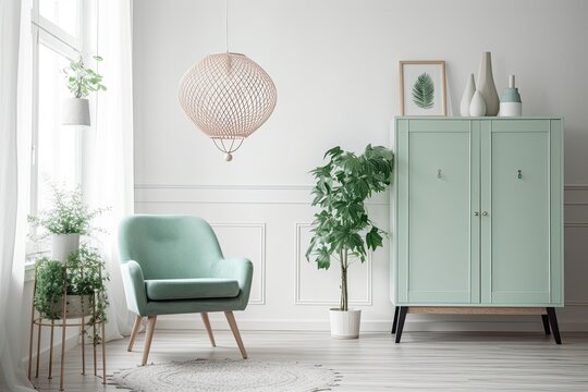 cozy living room with a statement green cabinet and a bold blue accent chair. Generative AI