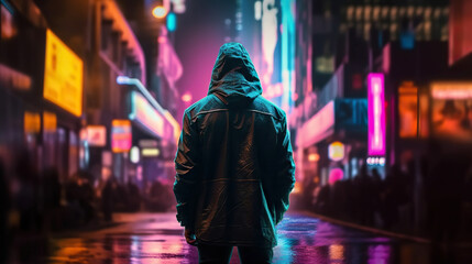 Back view of man standing in futuristic cyberpunk city street under neon lights. Generative AI