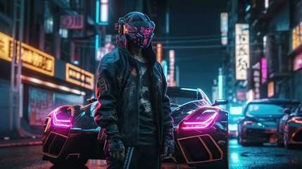 Fototapeta na wymiar Portrait of samurai robot character standing near his futuristic car in neon cyberpunk city. Generative AI