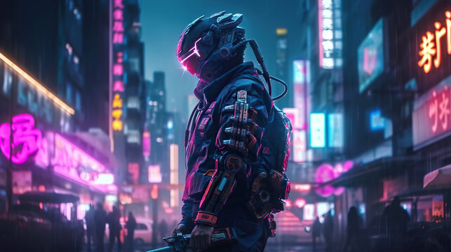 Portrait of samurai character in neon cyberpunk city. Generative AI