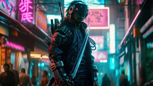 Portrait Of Samurai Character With Katana Sword Standing In Neon Cyberpunk City. Generative AI