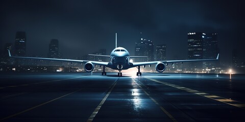 Night scene of a passenger plane on a runway with cityscape in far distance and dramatic sky. Generative AI