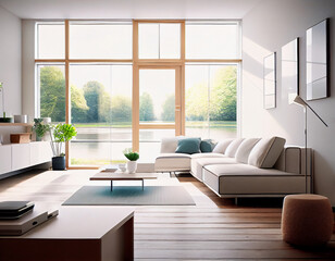 Elegant and comfortable designed living room with big corner sofa, wooden floor and big windows, AI Generated