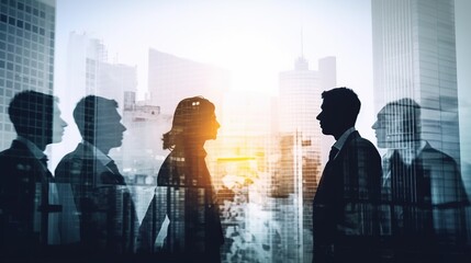 Fototapeta na wymiar Double exposure illustration of silhouettes of business team people on city background. Generative AI
