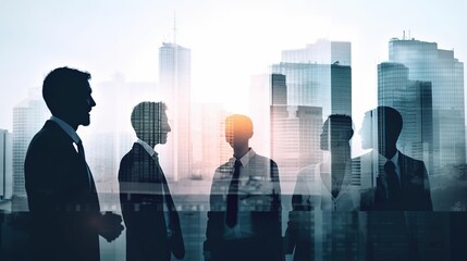 Fototapeta premium Double exposure illustration of silhouettes of business team people on city background. Generative AI