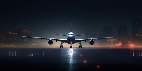 Night scene of a passenger plane on a runway with cityscape in far distance and dramatic sky. Generative AI