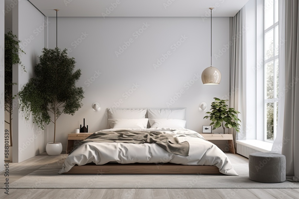 Canvas Prints Cozy Bedroom with a Bed and a Potted Plant in the Corner. Generative AI