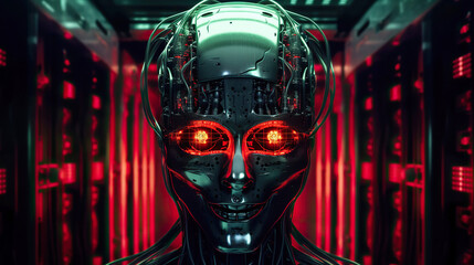 Evil AI face in data center. Danger of strong artificial intelligence, threat to humanity, future risk of bad scenario, creating dangerous ASI, scary superintelligence. Generative AI