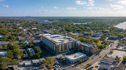 Aerial view of Maitland, Florida with city of Orlando skyline in the horizon. March 30, 2023,...