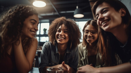 A diverse and inclusive collection of smiling young professionals, representing various industries and backgrounds, gathered together in a modern, brightly lit coworking space. AI generative
