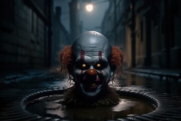 Evil clown. Portrait of scary spooky clown monster peeking out of a sewer manhole. Generative AI - obrazy, fototapety, plakaty
