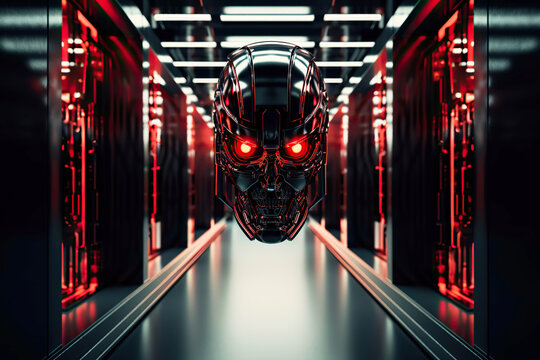 Evil AI face in data center. Danger of strong artificial intelligence, threat to humanity, future risk of bad scenario, creating dangerous ASI, scary superintelligence. Generative AI