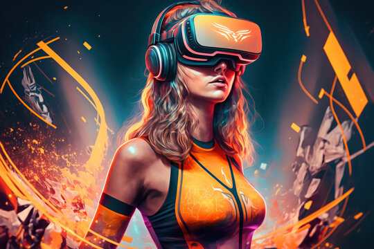 Beautiful athletic girl with VR headset immersed in virtual reality and interacting with the metaverse, using augmented reality technology. Generative AI