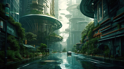 Futuristic sustainable green city, concept of city of the future based on green energy and eco industry. Generative AI