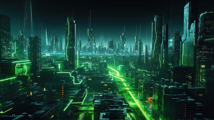 Futuristic sustainable green city at night, neon lights, concept of city of the future. Generative AI