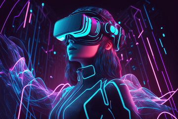 3d avatar of young woman in futuristic costume and modern vr glasses interacting with metaverse immersive technology on background with digital cyberpunk city in neon light. Generative AI - obrazy, fototapety, plakaty