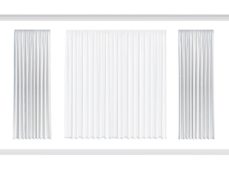 A set of isolated translucent curtains, solid white blackout curtains, a white ceiling cornice, and a white floor plinth. Front view. 3d render © gamespirit