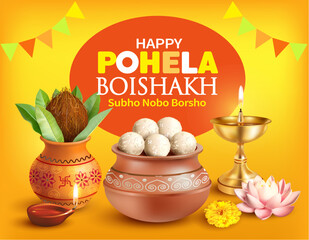 Greeting card with traditional sweets rasgulla and Kalash for East Indian (and Bangladesh) New Year festival Pohela Boishakh (Bangla Nobo Borsho). Vector.