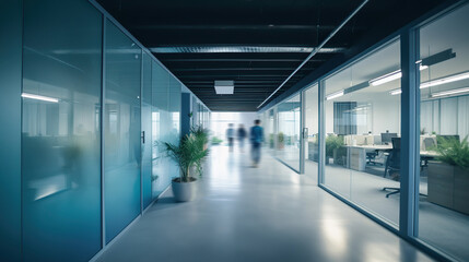 Fototapeta premium Long exposure shot of meeting room with people in futuristic office. Generative AI