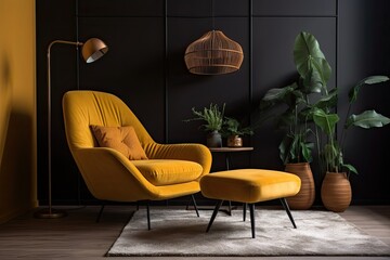 cozy living room with a yellow chair and ottoman as the focal point. Generative AI
