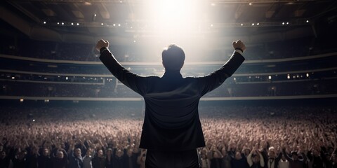 Back view of motivational speaker raising hands while standing on stage for motivation speech on stadium. Generative AI - obrazy, fototapety, plakaty
