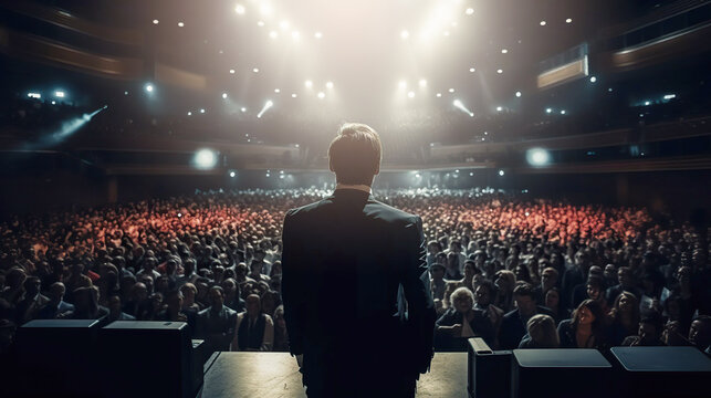 Back view of motivational speaker standing on stage in front of audience for motivation speech on conference or business event. Generative AI
