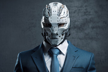 Futuristic robot head wearing business suit with tie, isolated on studio background. Concept of cyborg. Generative AI