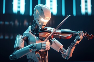 Naklejka premium Futuristic robot playing violin on stage, replacing human job with ai musician. Generative AI
