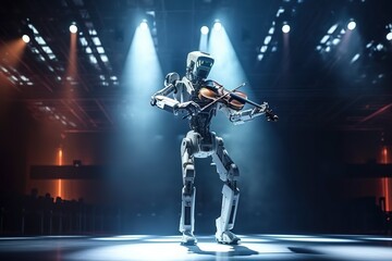 Obraz na płótnie Canvas Futuristic robot playing violin on stage, replacing human job with ai musician. Generative AI
