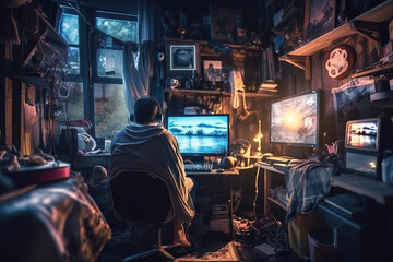 Video game addiction. Back view of man sitting in front of computer with trash and mess in the room, playing video games online. Generative AI