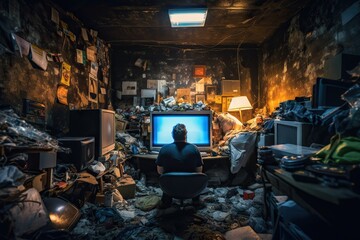 Video game addiction. Back view of man sitting in front of computer with trash and mess in the room, playing video games online. Generative AI