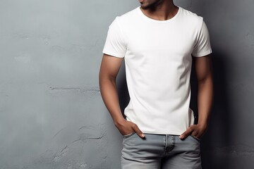 White t-shit mockup, unrecognizable young man standing against textured wall, wearing blank white tshirt. Generative AI