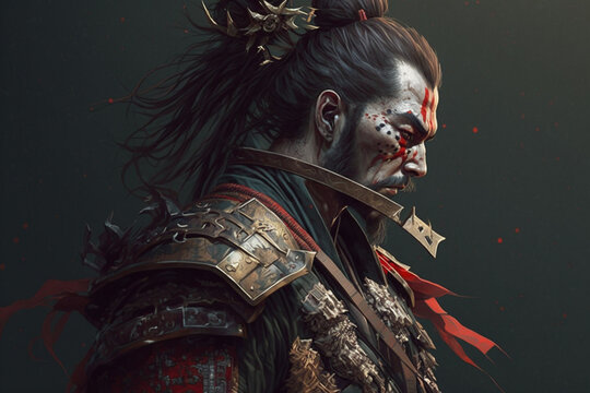 Samurai japanese ronin warrior in war combat costume. Traditional knight shogun character fighter from Japan. Ai generated