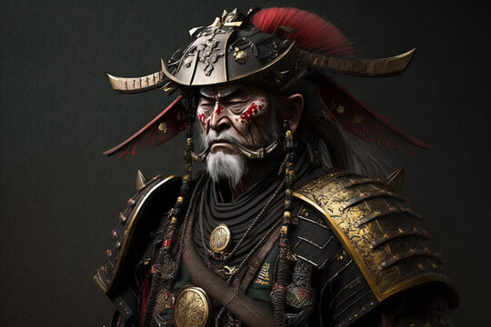 Samurai japanese ronin warrior in war combat costume. Traditional knight shogun character fighter from Japan. Ai generated