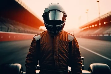 Abwaschbare Fototapete F1 Portrait of formula one pilot wearing helmet, F1 driver standing on race track after competition. Generative AI