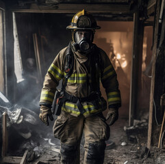 Obraz premium Digital AI meets Inferno: A Firefighter's Heroic Stand in Full Gear.