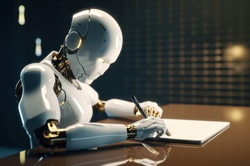 ChatGPT writing article or essay, futuristic robot assistant with pen replacing human, chat bot helping with homework. Generative AI - obrazy, fototapety, plakaty
