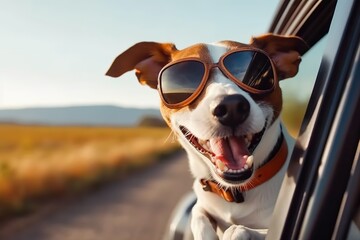 Funny happy dog peeking out of window of car on summer road trip, concept of travel with pet. Generative AI - obrazy, fototapety, plakaty