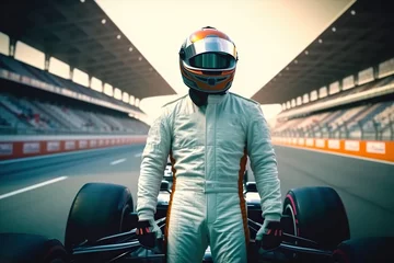 Foto auf Acrylglas F1 Portrait of formula one pilot wearing helmet, F1 driver standing on race track after competition. Generative AI