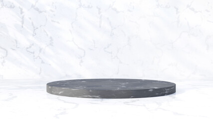 Black marble round podium on white marble background with beautiful tree shadows and sunlight, 3d render