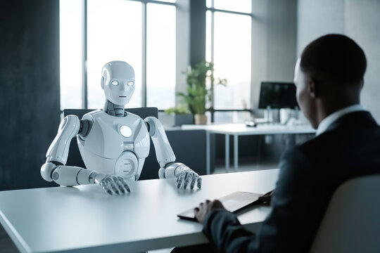 Job interview with futuristic robot in modern office, AI replacing humans, taking our jobs in the future. Generative AI