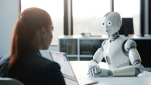 Job interview with futuristic robot in modern office, AI replacing humans, taking our jobs in the future. Generative AI
