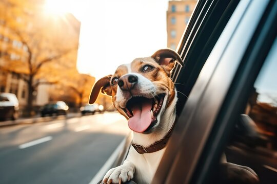 Funny happy dog peeking out of window of car on summer road trip, concept of travel with pet. Generative AI